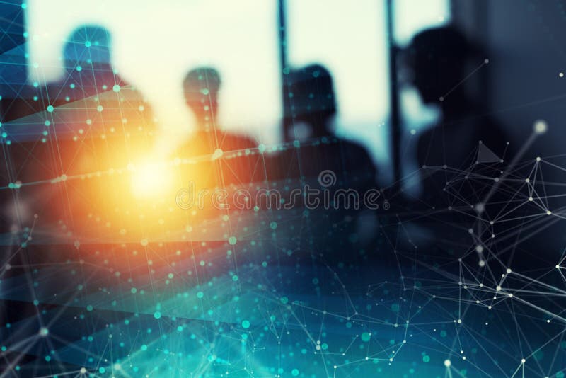 Abstract internet connection network background with silhouette of business team royalty free stock photography