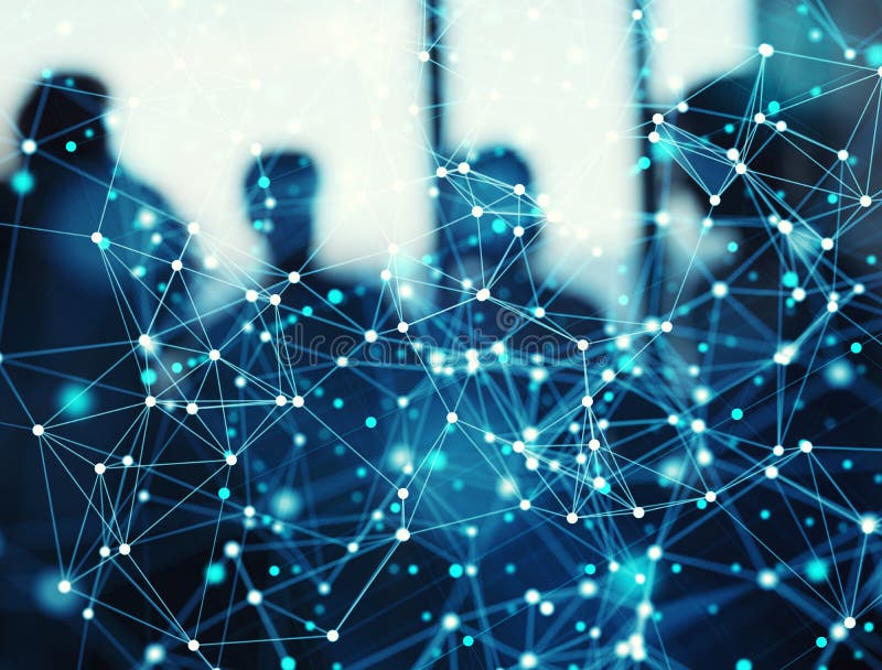 Abstract internet connection network background with silhouette of business team stock image