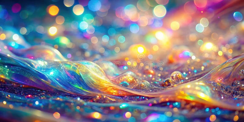 Abstract iridescent fluid with sparkling lights and bubbles. Generative AI stock illustration