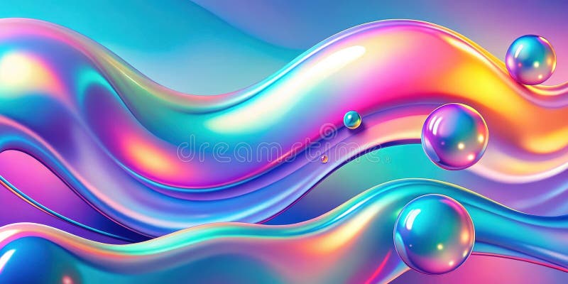 Abstract iridescent liquid wave background with colorful spheres. Generative AI stock illustration