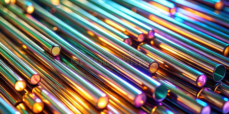 Abstract iridescent metallic rods, colorful cylindrical elements, reflective surface texture, vibrant hues, industrial design royalty free illustration