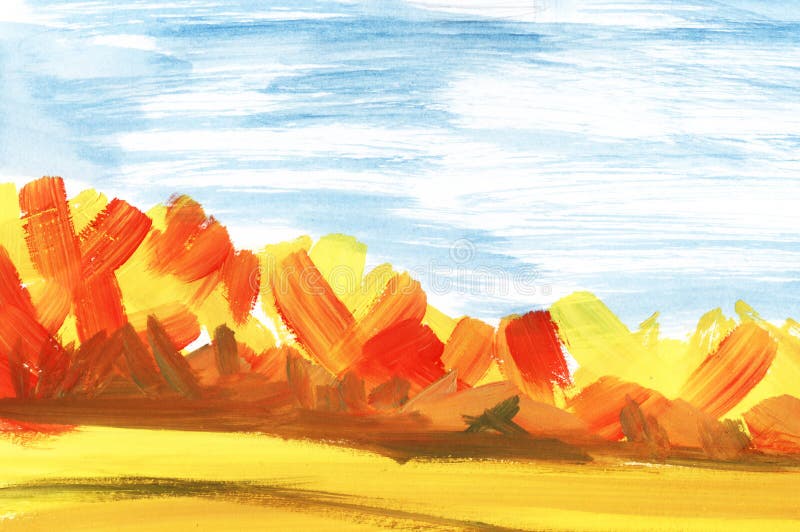 Abstract landscape. Autumn forest under blue sky and fields royalty free illustration Abstract landscape. Autumn forest under blue sky and fields royalty free illustration