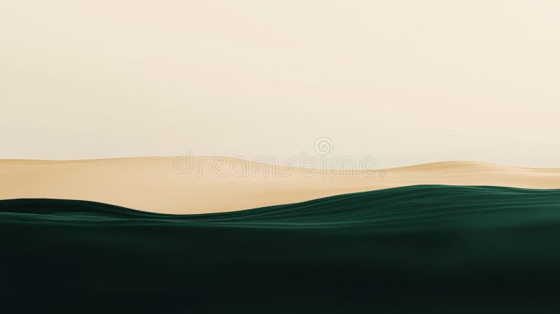 Abstract landscape featuring rolling sand dunes and flowing green fabric, creating a surreal and minimalist composition stock photography