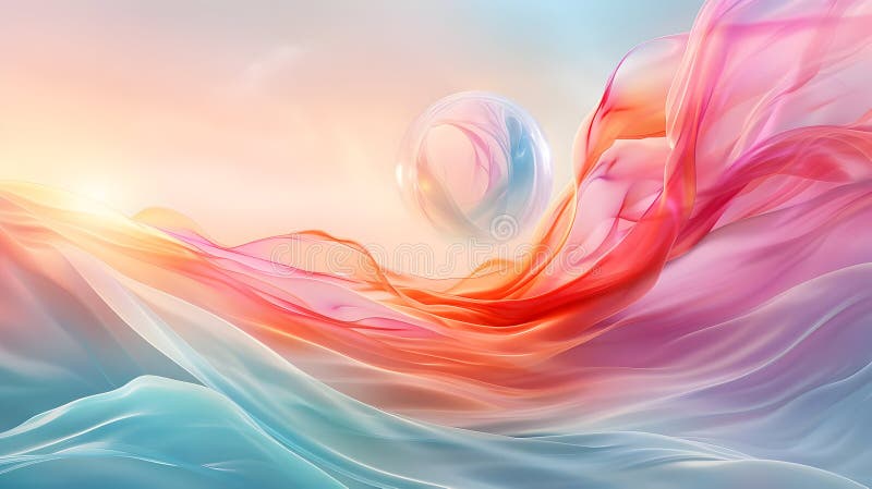 Abstract landscape with flowing colors and a translucent sphere ilustração stock
