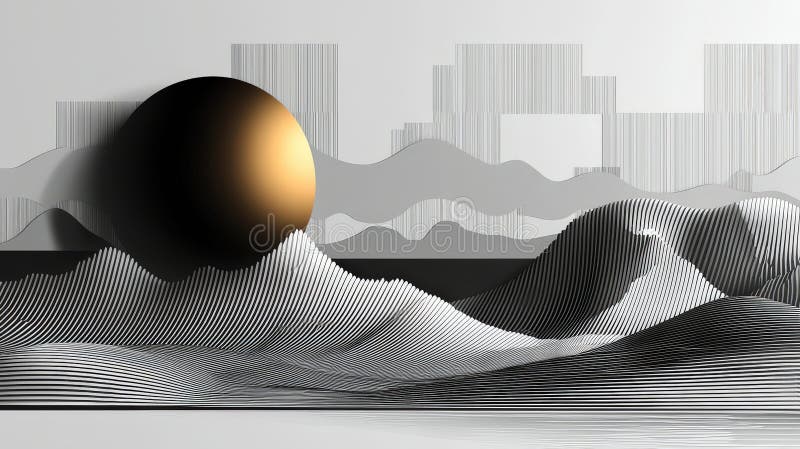 Abstract Landscape with Lines and Metallic Sphere Overlapping with Geometric Shapes and Shadows royalty free illustration