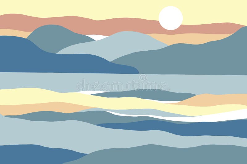 Abstract landscape. Nature, sea, waves, sky, sun, river, sea, rock mountain landscape poster. Modern minimalism. Geometric