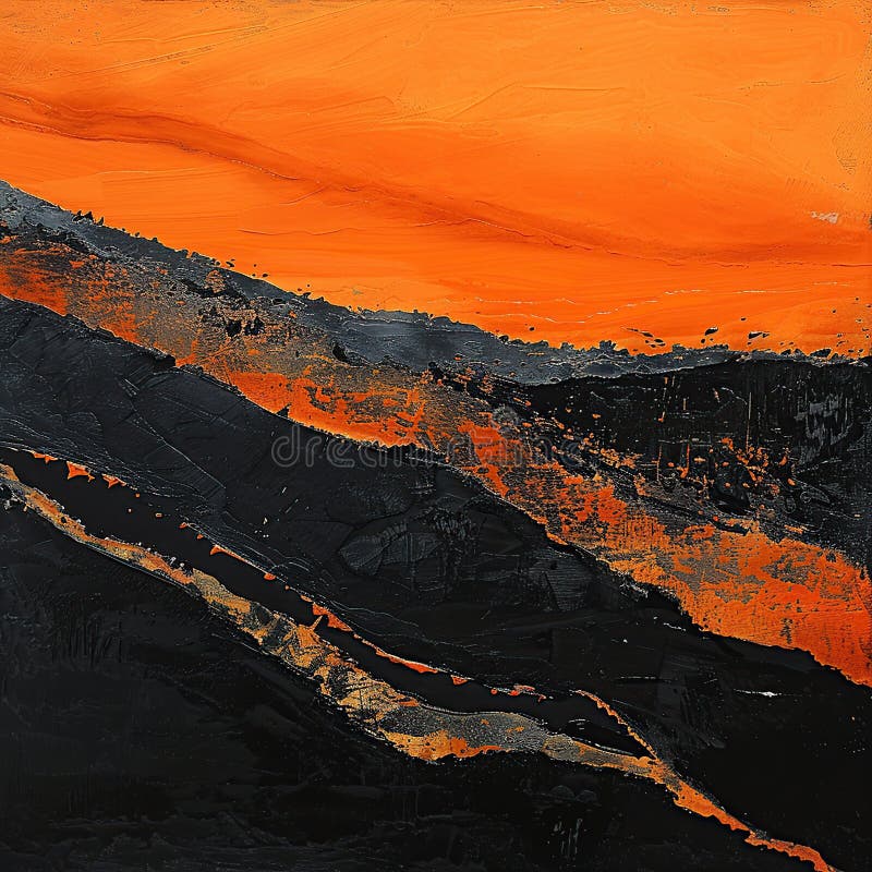 Abstract landscape painting with orange and black hues stock illustration