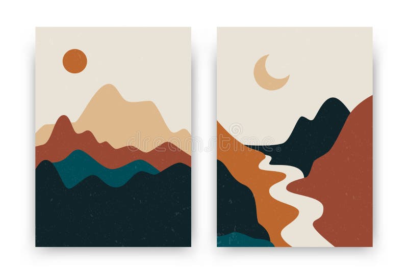 Abstract landscape posters. Contemporary boho background set, modern sun moon mountains minimalist wall decor. Vector art print stock illustration