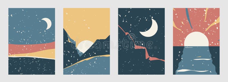 Abstract landscape vector background set in modern boho style. Contemporary minimal style patterns with nature view royalty free illustration