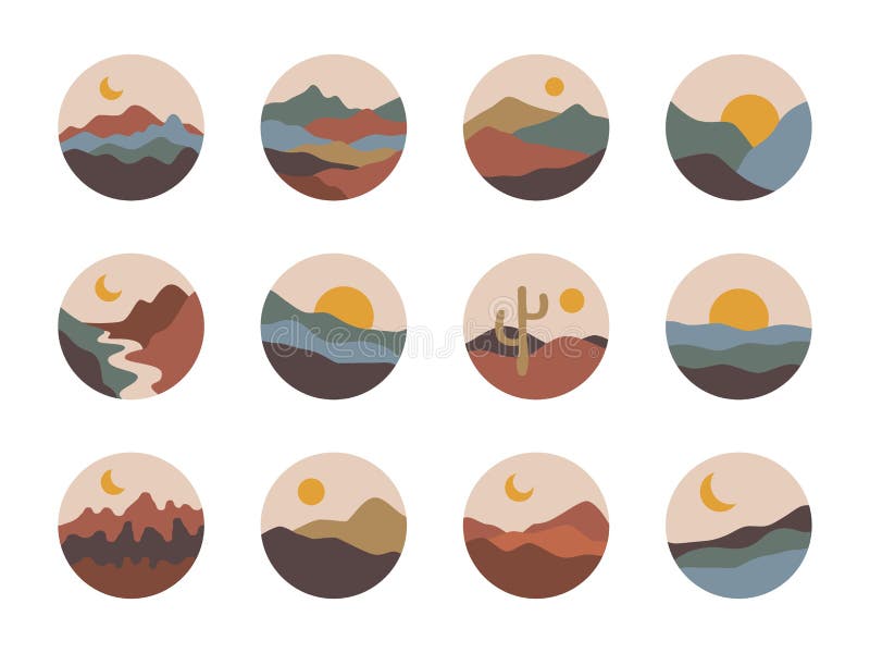 Abstract landscapes set. Contemporary nature shapes for social media highlight covers, boho mountains. Vector art illustration