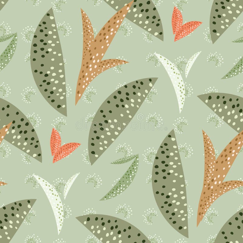 Abstract leaves seamless vector pattern. Modern foliage repeating contemporary background. green ochre folk art leaf stock illustration