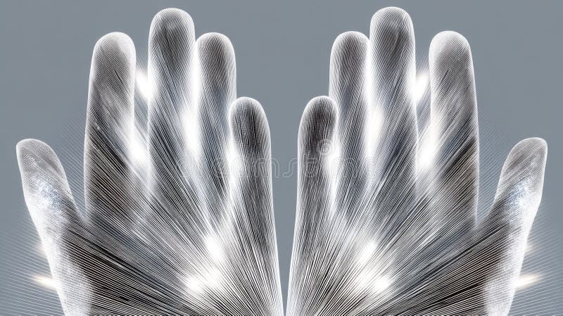 Abstract light beams emanating from hands on gray background stock photo