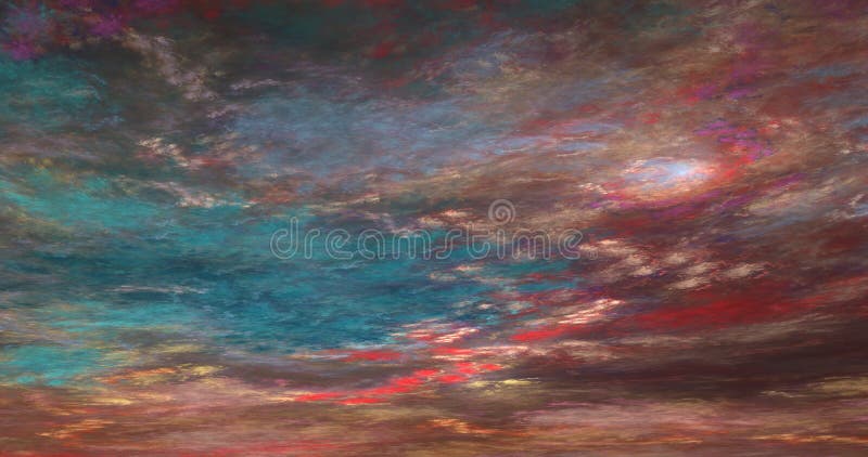 Abstract light blue and red sky and dark clouds shining starry surface aerial texture fog on sky