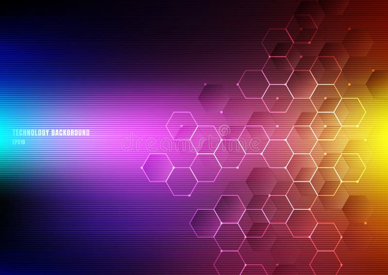 Abstract light hexagons with nodes digital geometric and lines and dots on vibrant color background with horizontal light. royalty free illustration Abstract light hexagons with nodes digital geometric and lines and dots on vibrant color background with horizontal light. royalty free illustration