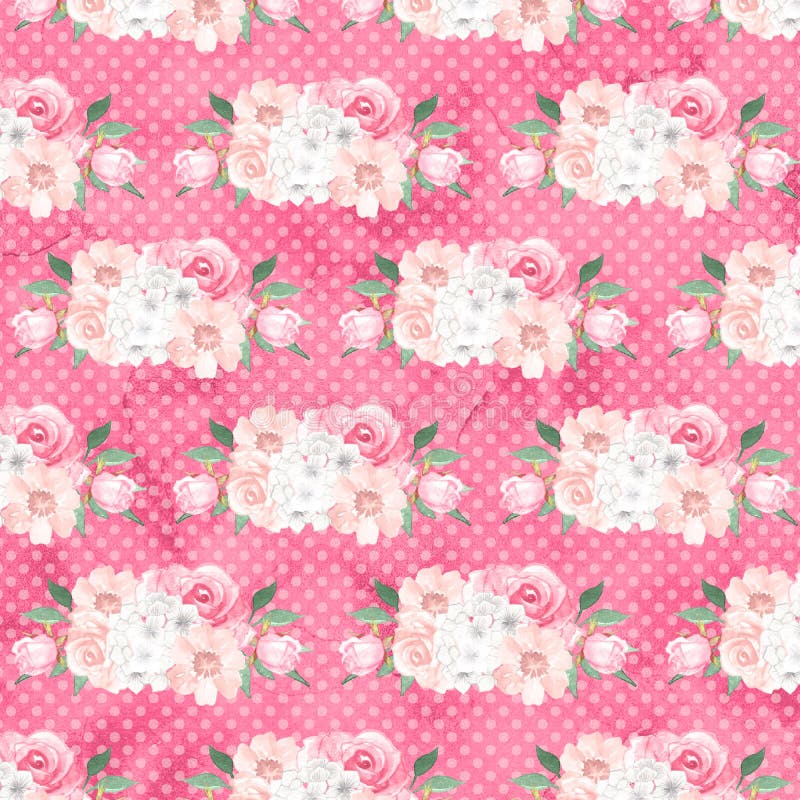 Abstract Light Pink Peach Paper with Pink Flower and Green Leaf Texture