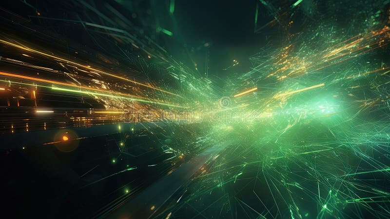Abstract light streaks in a dynamic digital space with glowing green elements stock photo