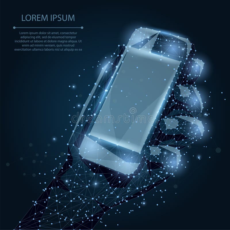 Abstract line and point Mobile phone with empty screen, holding by man hand. Communication app smartphone on night sky with stars royalty free illustration