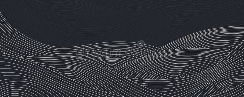 Abstract line wave pattern - simple curved stripes flowing on dark background. Minimalist graphic design element. Asian inspired ornamental illustration, elegant decorative vector texture banners.