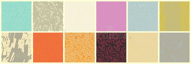Abstract lines seamless patterns, vector modern trnedy backgrounds set. Organic patterns with color memphis dots and irregular doodle lines, squiggle texture creative design. Vector abstract seamless pattern vectors