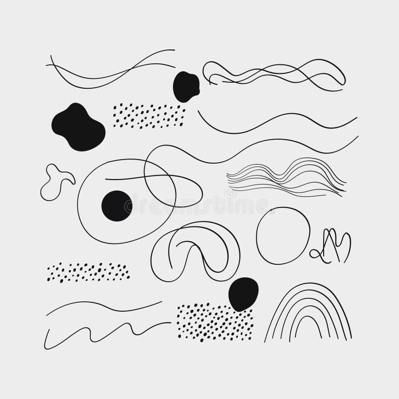 Abstract lines and shapes. Composition of lines, dots and spots in black and white style. royalty free illustration
