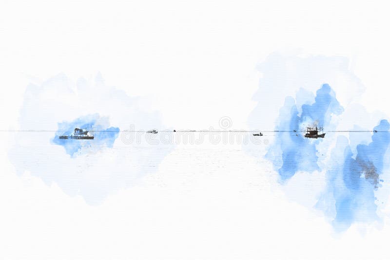 Abstract fishing boat in ocean on watercolor paining background