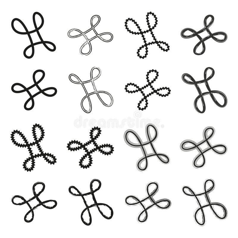 Abstract loop symbols. Twisted line patterns. Decorative geometric elements. Black vector shapes. royalty free illustration