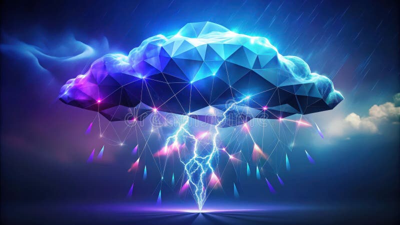 Abstract low-poly cloud with lightning and data stream. Artistic render, Generative AI. Poly data stream illustrations