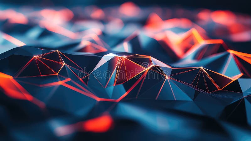 Abstract low poly surface forming a digital network, showcasing interconnected nodes and lines glowing with red and orange light, representing data transfer and futuristic technology concepts. Blockchain network analysis stock images, royalty-free photos and pictures