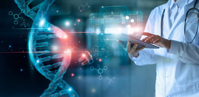 Abstract luminous DNA molecule. Doctor using tablet and check with analysis chromosome stock photo