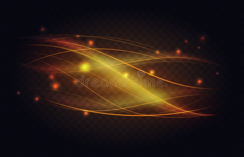 Abstract luminous line waves of golden light effect, shiny curve stream shapes flow vector illustration
