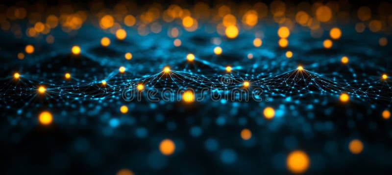Abstract Luminous Network Dynamic Connections and Glowing Points in a Technological Landscape. royalty free illustration