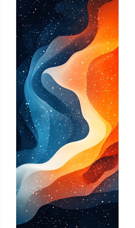 Abstract luminous rendition of dynamic colors and starry particle streams. An abstract digital artwork features a flowing arrangement of gradients blending seamlessly from blue to orange hues, interspersed with luminous particles evoking cosmic beauty. The effect is a dreamy, elegant rendering, ideal for background or wallpaper applications. AI Generated