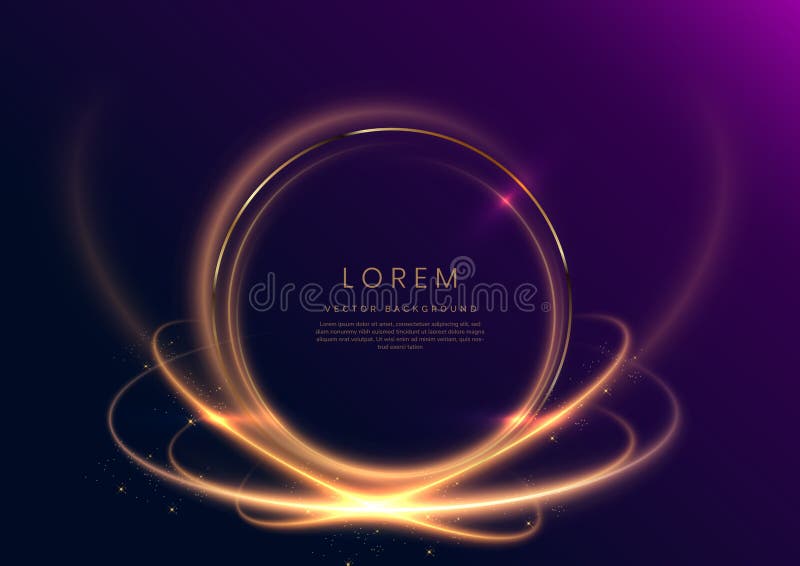 Abstract luxury golden circle glowing lines curved overlapping on dark blue background with lighting effect sparkle. Template royalty free illustration