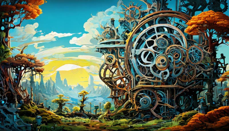 Abstract machine with intricate gears in a fantasy landscape royalty free stock images
