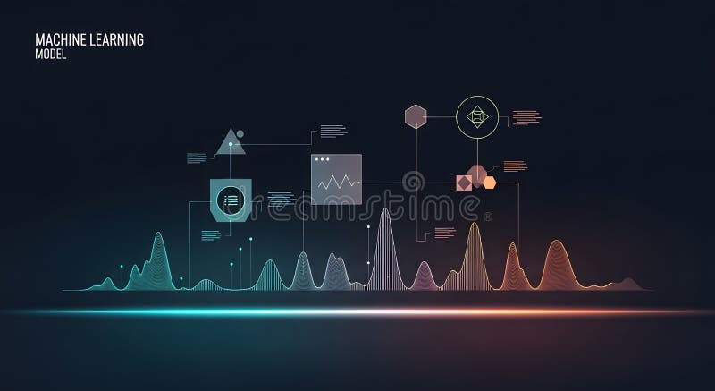 Abstract Machine Learning Model Visualization with Data Waves and Networked Nodes stock photography