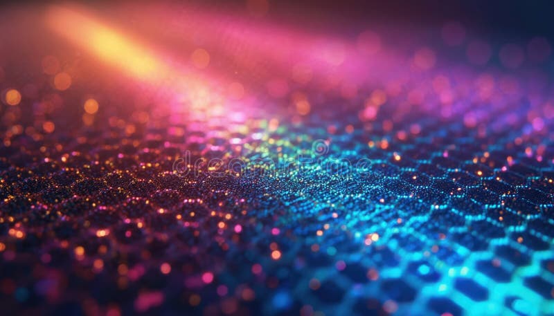 Abstract macro view of a glowing digital screen with intricate hexagonal grid pattern. Vibrant red, green, and blue pixels stock illustration