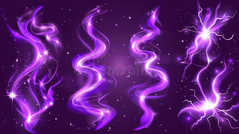 Abstract magic energy waves with lightning, sparkles, and blur isolated on transparent background. Electric swirl lines stock image