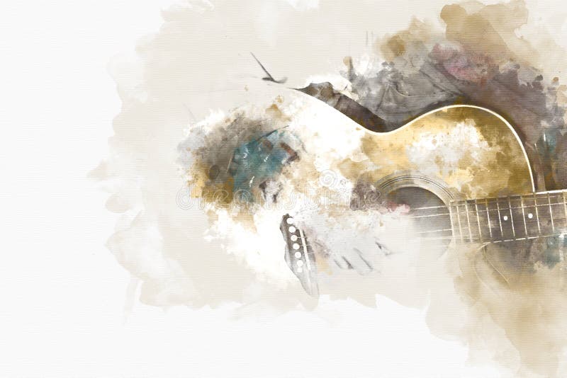 Abstract playing acoustic guitar watercolor painting background.