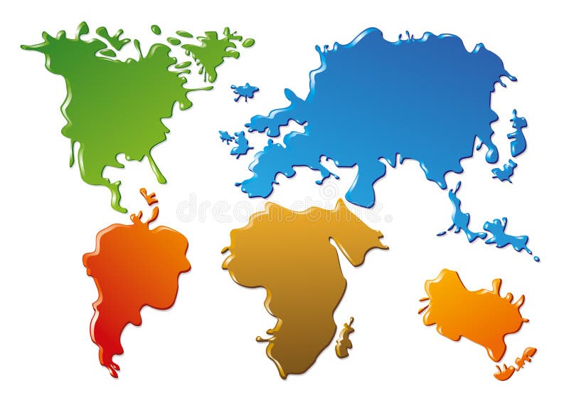 Abstract map of the world with continents in different ink splash colors, white background.