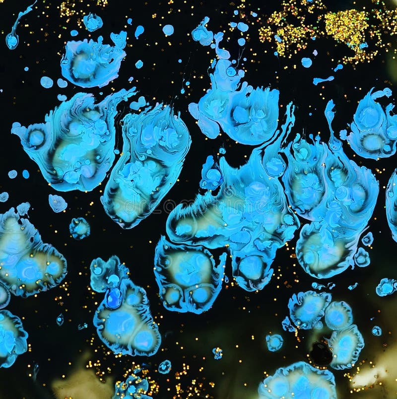 Abstract marble black blue color paint and gold glitter background.