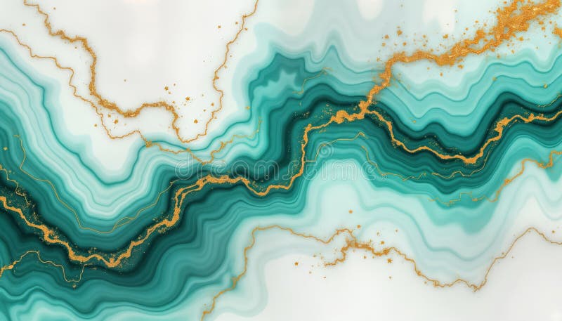 Abstract marble design with turquoise, white marbled texture. Gold veins create elegant lines. Fluid, flowing patterns. Modern stock illustration