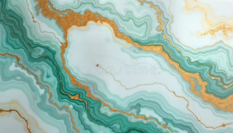 Abstract marbled background with turquoise green, white marble texture. Gold veins create elegant flow patterns. Modern design vector illustration