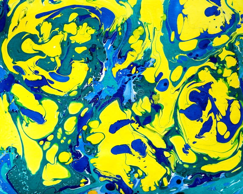 Abstract Marbling Colorful Background with Blue Yellow Waves and ...