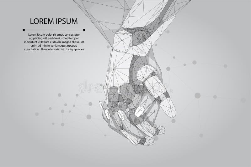 Abstract mash line and point human and robot hands together. Future technological business. Low poly artificial intelligence royalty free illustration