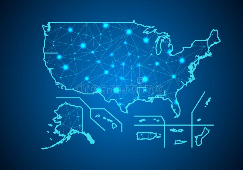 Abstract mash line and point scales on dark background with Map of USA Territories. vector illustration Abstract mash line and point scales on dark background with Map of USA Territories. vector illustration