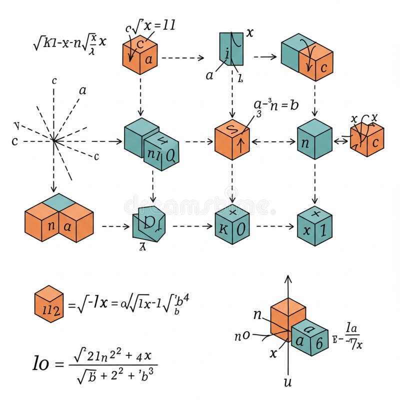 minimalist diagram showing logical symbols transforming into mathematical equations with flowing orange arrows