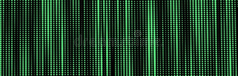 Abstract matrix. Gradient halftone. Many green dots of different sizes on dark background. Vector stock illustration