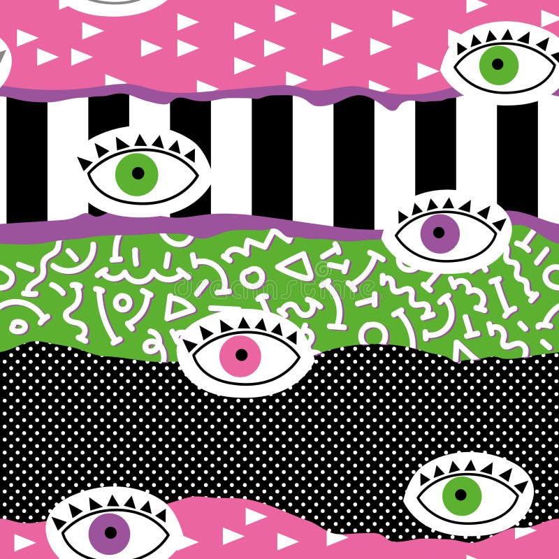 In Abstract Memphis Seamless Pattern met Ogen Hand Getrokken Geometrische Manierachtergrond voor Textiel, Druk, Dekking, Affiche stock illustratie In Abstract Memphis Seamless Pattern met Ogen Hand Getrokken Geometrische Manierachtergrond voor Textiel, Druk, Dekking, Affiche stock illustratie
