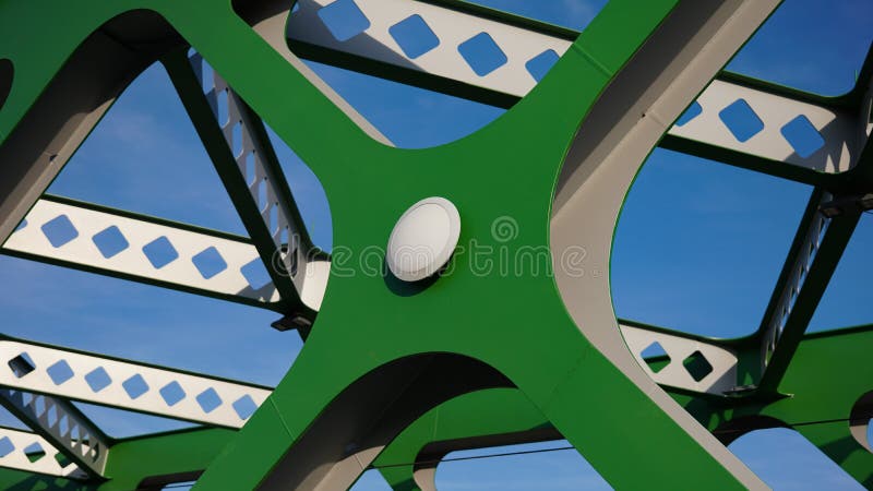 Abstract metal construction. Details of the metallic green bridge in Bratislava, Slovakia. Industrial construction.