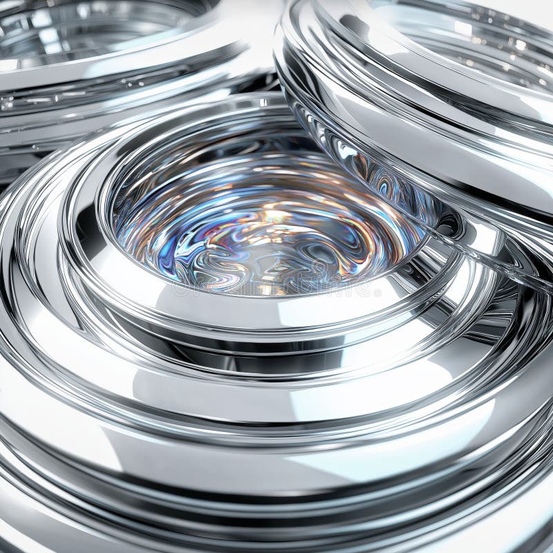 Abstract metallic surfaces reflecting light with circular patterns and iridescent center royalty free stock photos